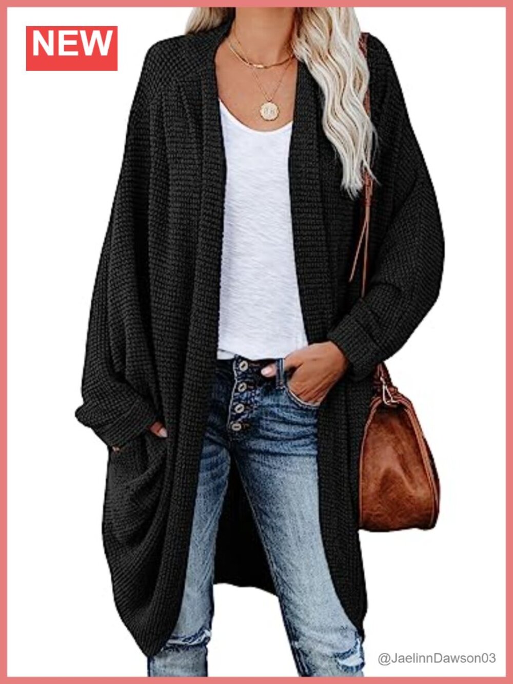 Open Front Knit Cardigan Long Batwing Sleeve Oversized Sweater Chunky Waffle